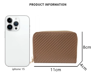 Brown carbon fiber texture wallet compared with iPhone 15 showing 11x8x4cm size