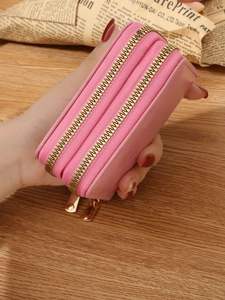 Pink PU leather RFID blocking wallet with double zipper layers and lychee grain texture