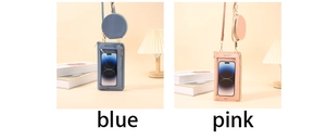 Dettaglio della borsa a tracolla multifunzione per cellulare con portamonete tondo blu e rosa