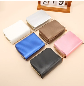 Dual zipper RFID card wallet in six colors with carbon fiber texture and gold hardware