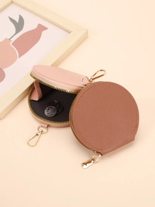 Porte-monnaie Rond en Cuir PVC Avec Fermeture Éclair Crochet en Métal Doré Texture Litchi Mini Pochette Portable pour Rangement Clés Pièces Femmes Filles