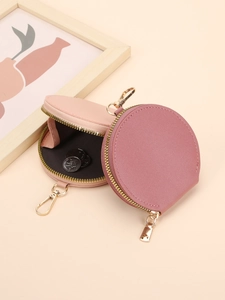 Lot de deux porte-monnaie ronds en cuir rose et rouge avec zip doré et mousquetons