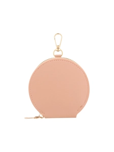 Porte-monnaie rond en cuir rose clair avec fermeture éclair dorée et mousqueton