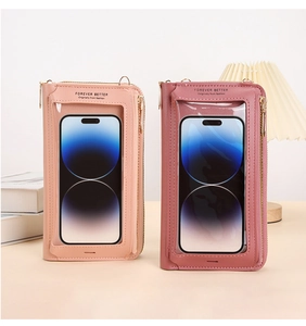Borse a tracolla bicolore rosa per smartphone con zip multiple e finestra trasparente