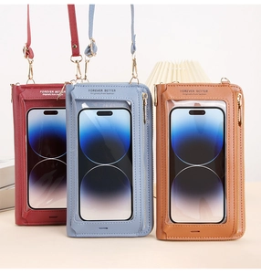 Tre borse a tracolla per cellulare con touch screen in rosso, blu e marrone