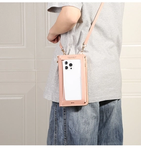 Borsa a tracolla in pelle PU rosa con finestra touch screen trasparente per smartphone