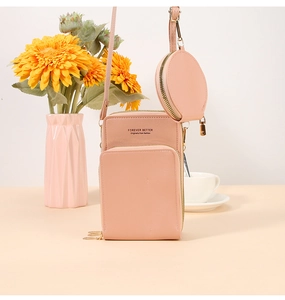 Borsa a tracolla rosa per cellulare con portamonete rotondo e scritta decorativa