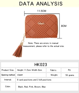 Detailed size chart for brown quilted faux leather zip wallet with 9 card slots
