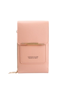 Vertical pink pebbled leather touchscreen phone bag with gold metal bar buckle and zipper