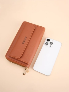 Caramel leather crossbody phone bag and long wallet with dual gold zippers for women