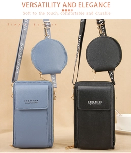 Bolsos multifuncionales para móvil en azul y negro con textura de cuero y monedero redondo