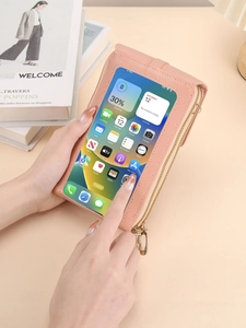 Borsa porta cellulare in pelle rosa con touch screen trasparente e zip dorate
