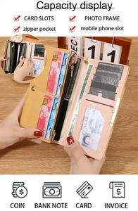 Detailed interior of a long women's wallet with multiple card slots and phone pocket