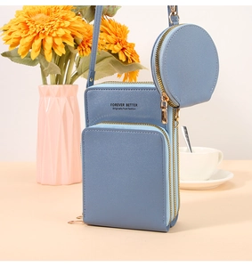Borsa porta cellulare in pelle blu con tripla cerniera e portamonete rotondo nel set