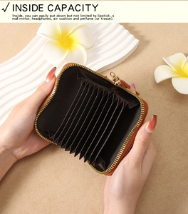Internal view of caramel card holder with accordion slots showing storage capacity