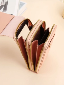 Borsa porta cellulare multifunzionale in pelle PU rosa con tripla cerniera e fessure per carte