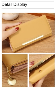 Detail display of yellow bifold long wallet showing internal card slots and gold hardware