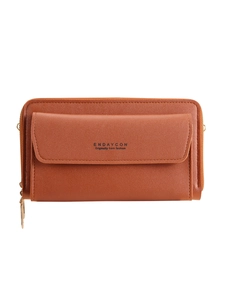 Caramel brown long crossbody phone wallet with zipper and front flap pocket