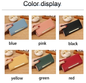 Six colors of long faux leather wallets for women shown in a grid layout