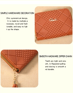 Detail of checkered embossed brown wallet featuring golden logo and tassel zipper