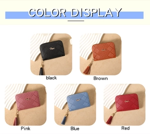 Women's plaid embossed wallets in black, brown, pink, blue, and red with gold zippers