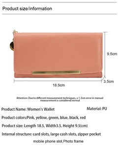 Detailed view of women's long wallet with card slots, coin pocket and metal logo detail