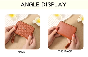 Detailed front and back view of brown quilted leather coin purse with tassel and zipper