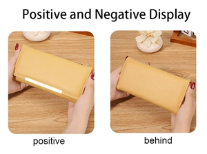 Front and back view of a ginger yellow long bi-fold wallet with fine textured finish