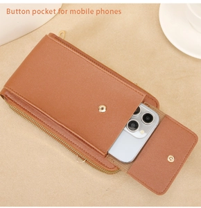 Bolso bandolera de cuero PU marrón con bolsillo frontal de botón para smartphone