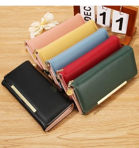 Detailed close-up of long bifold wallets for women in six diverse colors and PU leather finish