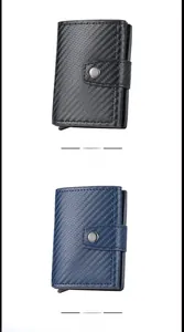 Vertical view of black and blue carbon fiber RFID card holders with pop-up mechanism