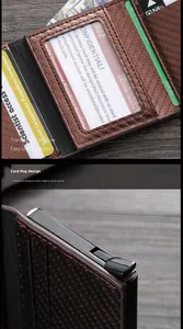 Detail of carbon fiber wallet showing transparent ID window and metal card pop-up mechanism