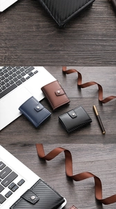 Three RFID-blocking carbon fiber texture wallets in navy, brown, and black business style