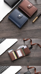 Business style card wallet with carbon fiber texture showing interior slots and metal buckle