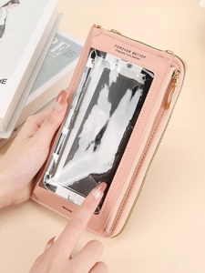 Borsa porta cellulare rosa in ecopelle con finestra touch e dettagli con cerniera dorata
