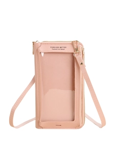 Borsa a tracolla rosa per cellulare con finestra touch e tracolla in pelle regolabile