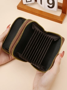 Brown leather accordion card holder wallet with dual zippers and large capacity storage