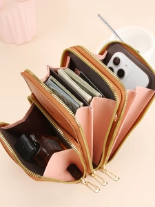 Borsa a tracolla porta cellulare rosa-marrone con tripla cerniera e interno multifunzione