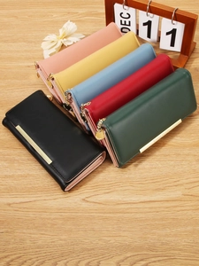 Womens PU Leather Long Wallet Korean Solid Color Bifold Purse Card Holder Phone Clutch With Gold Metal Bar For Daily Use