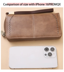 Brown vintage RFID wallet size comparison with a smartphone showing hollow-out details