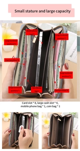 Internal structure of RFID long wallet showing card slots, phone pouch and zipper pocket