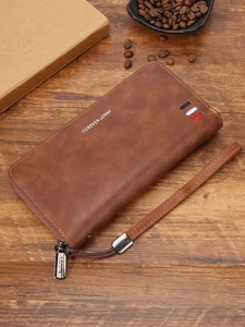 Portafoglio Lungo da Uomo in Pelle PU Grande Capacità Con Cerniera e Cinturino da Polso Vintage Euro-Americano