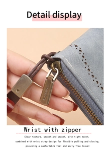 Close-up of bronze zipper with LONNY logo and woven wrist strap on RFID wallet