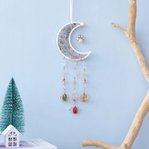 Crescent moon suncatcher with colorful natural stones and crystal ball pendants