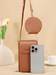 Bolso bandolera marrón de cuero PU con grano de lichi y correa de hombro ajustable
