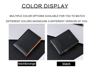 Detail view of carbon fiber minimalist wallets showing black and orange interior lining
