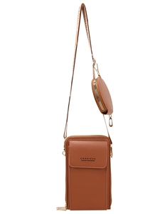 Bolso bandolera marrón para móvil con monedero redondo extraíble y detalles dorados