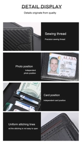 Detail display of slim carbon fiber wallet with RFID slots and transparent ID window