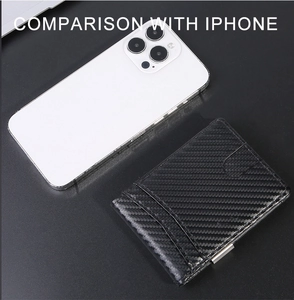 Slim carbon fiber wallet with RFID protection shown next to iPhone for size comparison