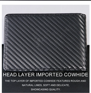 Close-up of carbon fiber texture and premium cowhide leather on slim RFID wallet
